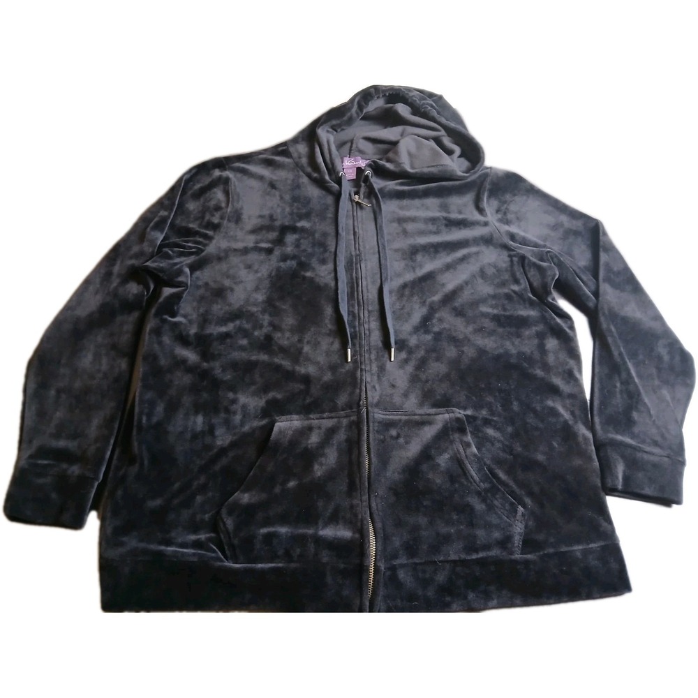 Gloria Van. Women`s Black Velour Velvet Full Zip Hoodie Track Jacket XXL #478C